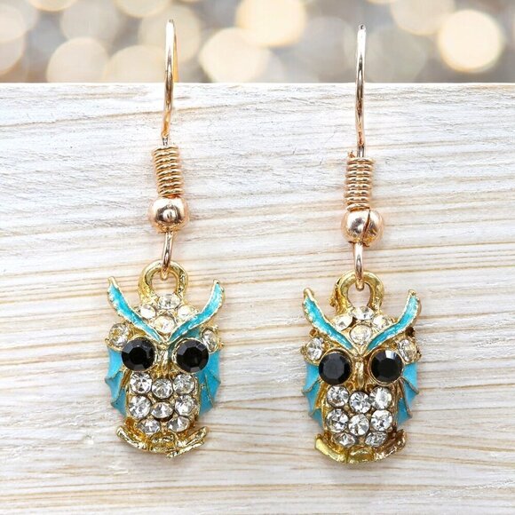 Gold Rhinestone Owl Drop Earrings - Picture 3 of 5
